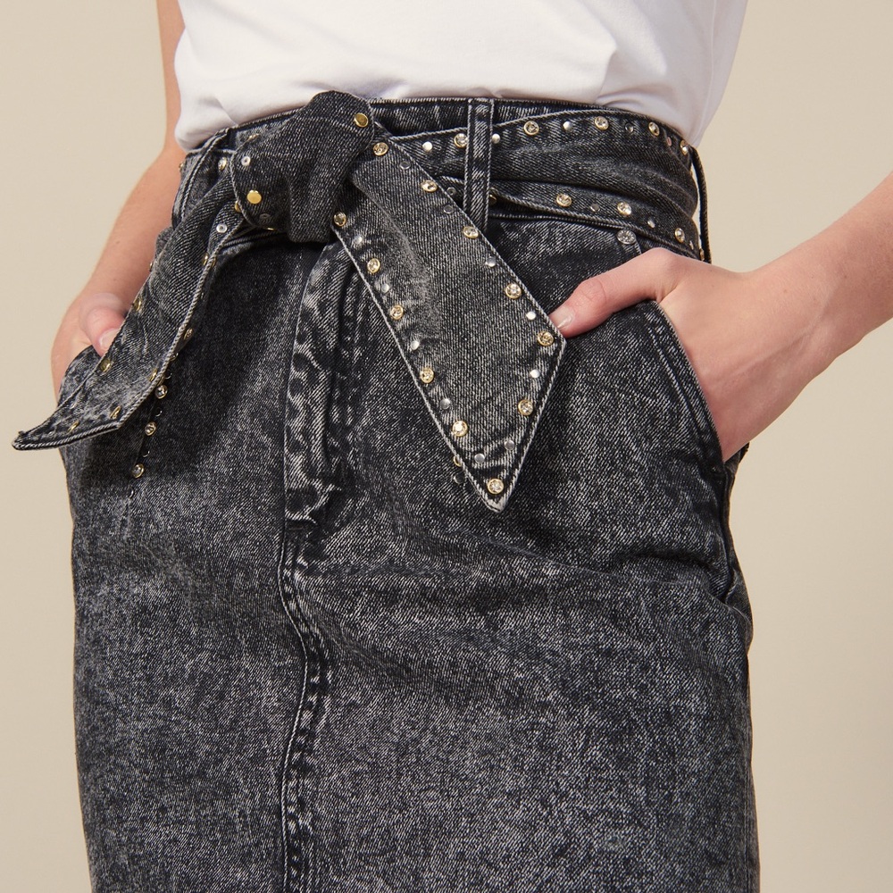 Sandro Charcoal Denim High Waisted Skirt with Belt - Picture 3 of 9